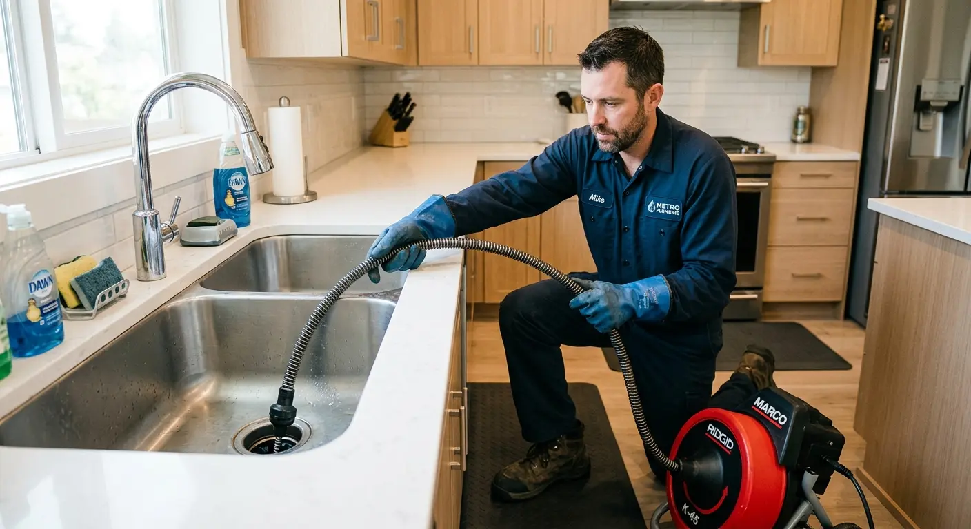 Drain cleaning technician using a motorized snake on a kitchen sink in Cheshire