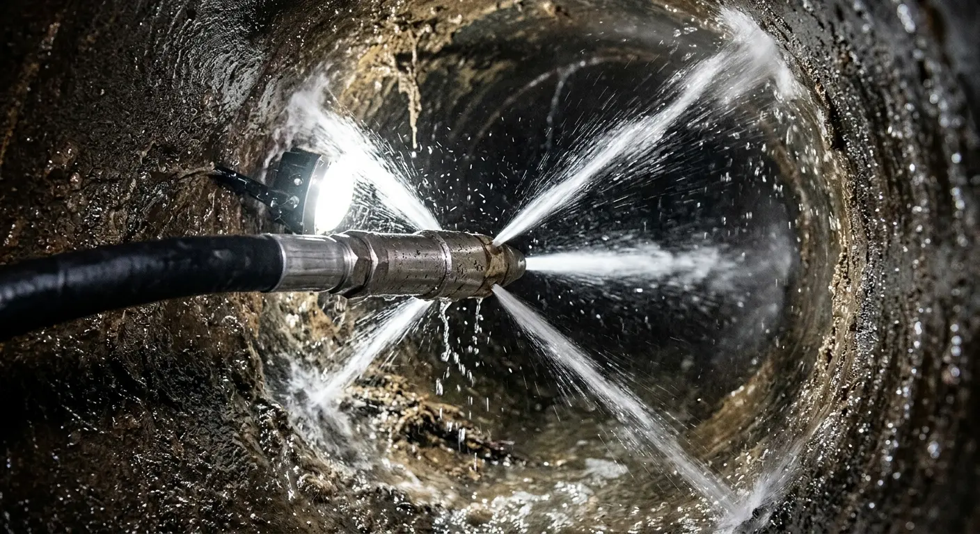 High-pressure hydro jetting nozzle cleaning sewer pipe for Storm Drain Cleaning in Cheshire