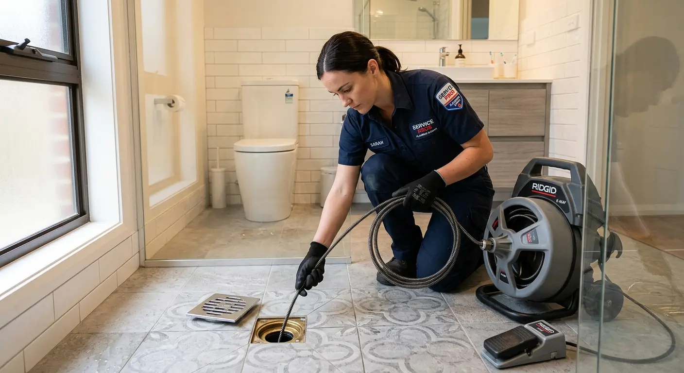 Technician clearing a bathroom floor drain for Drain Cleaning in Cheshire